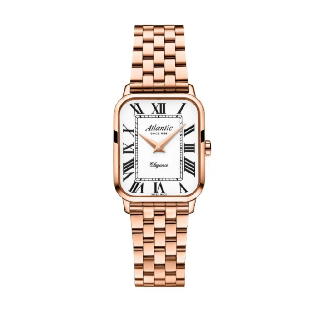 Atlantic Elegance Belle rose gold PVD watch with Roman numerals and metal bracelet