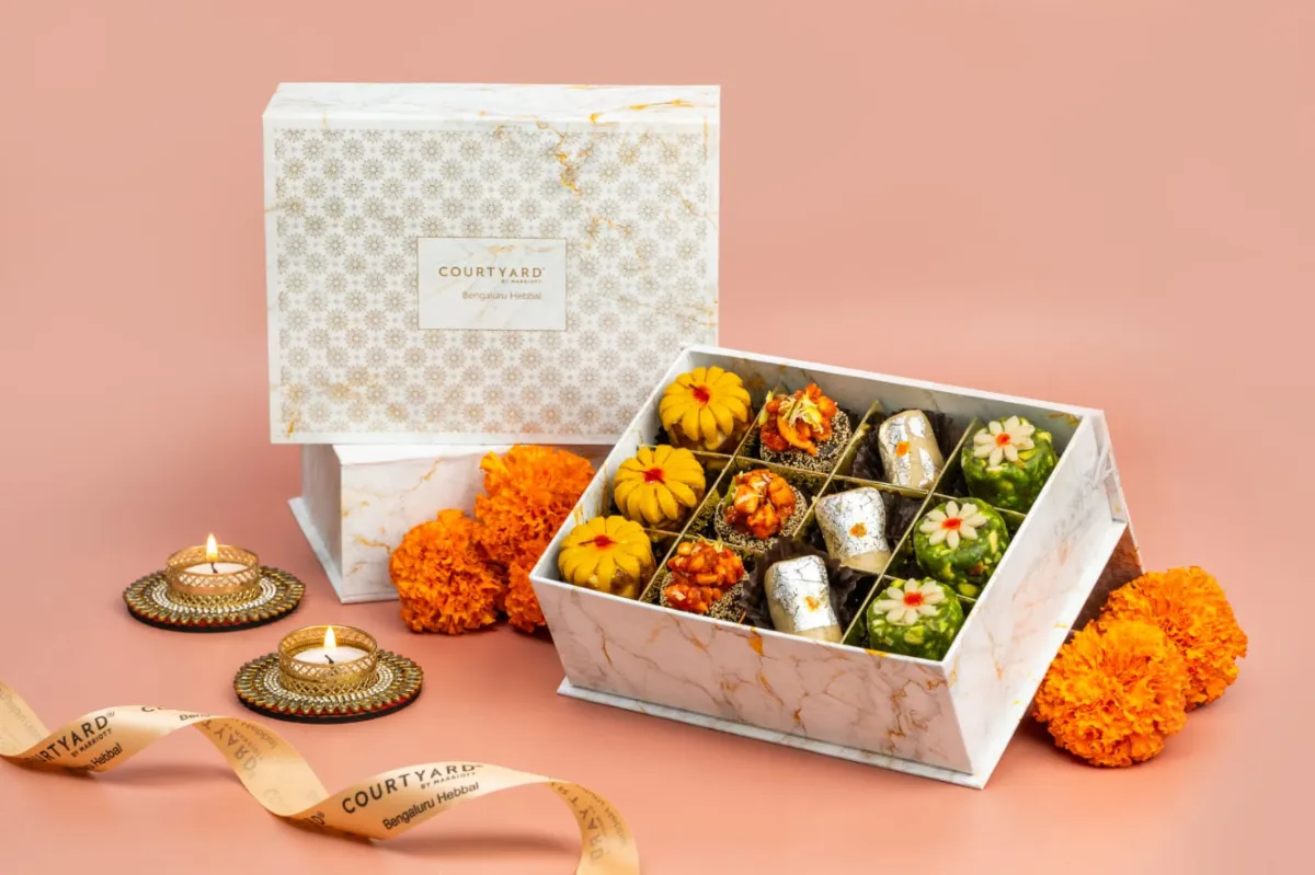 Box of traditional Indian mithai in a Diwali hamper from Courtyard by Marriott Bengaluru Hebbal