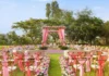 Wedding setup on the lawns at Essentia Luxury Resort & Spa, Udaipur