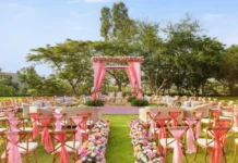 Wedding setup on the lawns at Essentia Luxury Resort & Spa, Udaipur