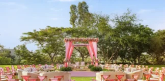 Wedding setup on the lawns at Essentia Luxury Resort & Spa, Udaipur