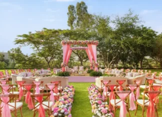 Wedding setup on the lawns at Essentia Luxury Resort & Spa, Udaipur