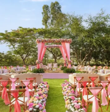 Planning a Wedding in Udaipur? Inside Essentia Luxury Resort & Spa Wedding setup on the lawns at Essentia Luxury Resort & Spa, Udaipur