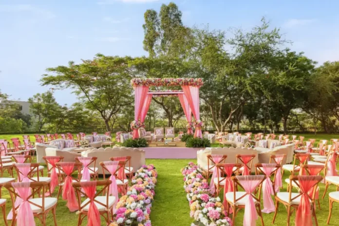 Wedding setup on the lawns at Essentia Luxury Resort & Spa, Udaipur