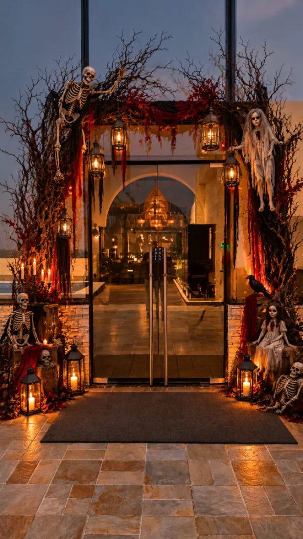 Halloween-decorated entrance at Essentia Luxury Hotel & Convention, Nagpur