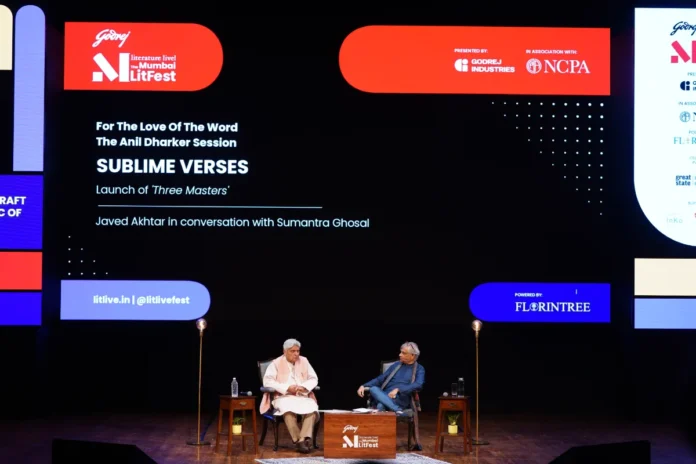 Javed Akhtar and Sumantra Ghosal on stage at Godrej Literature Live! The Mumbai LitFest 2026