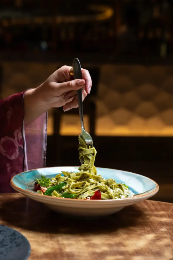 A plate of pesto pasta at La Grande Pasta Brunch, Courtyard by Marriott Bengaluru Hebbal A plate of pesto pasta at La Grande Pasta Brunch, Courtyard by Marriott Bengaluru Hebbal