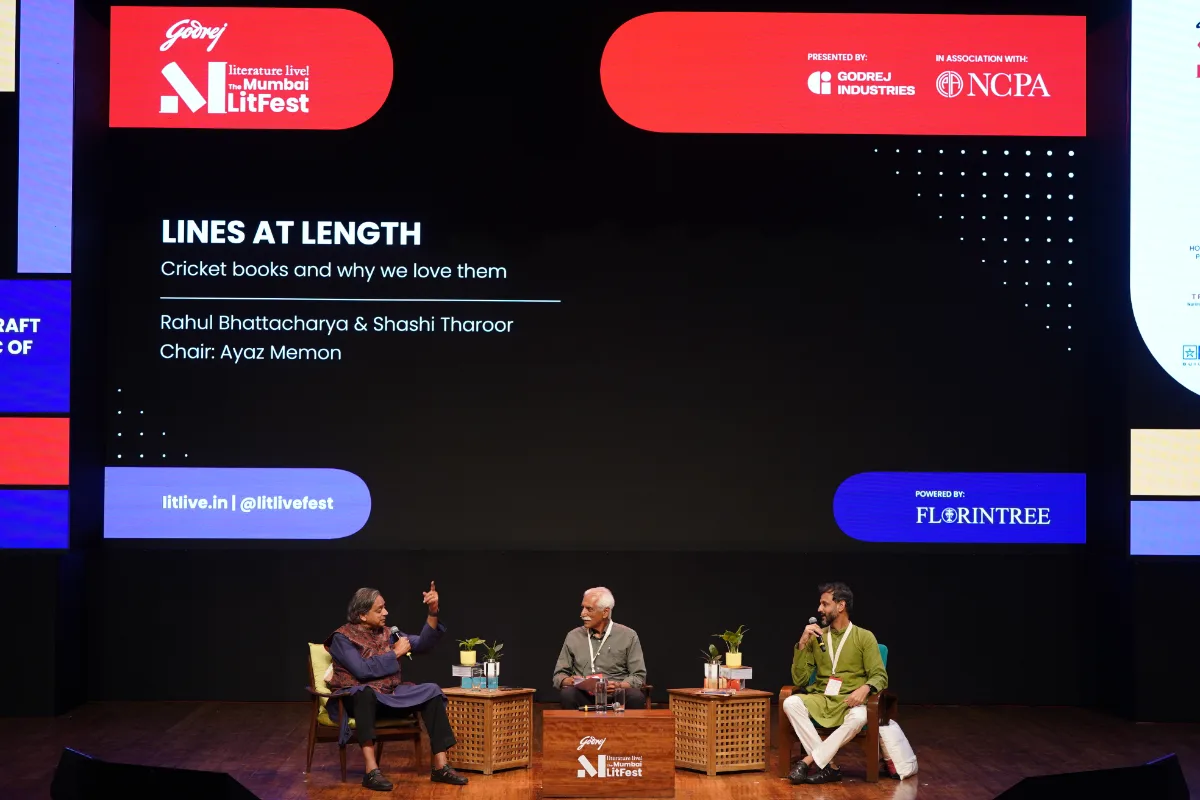 Rahul Bhattacharya, Shashi Tharoor and Ayaz Memon at the Lines at Length session, Godrej Literature Live! 2026