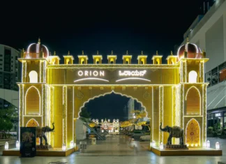 Illuminated palace-style gateway at Orion Mall, Bengaluru, for the festive season