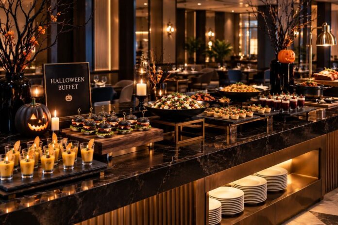 Halloween buffet with themed décor at Planet Dailies, Planet Hollywood Thane