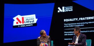 Shashi Tharoor in conversation with Dhananjaya Y. Chandrachud on stage at Literature Live! The Mumbai LitFest, NCPA Mumbai