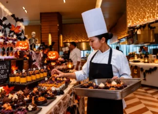 A chef at the Halloween dessert spread at Feast, Sheraton Grand Bangalore Hotel at Brigade Gateway