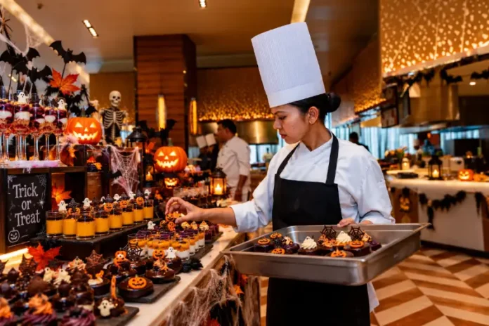 Halloween at Feast, Sheraton Grand Bangalore Hotel at Brigade Gateway A chef at the Halloween dessert spread at Feast, Sheraton Grand Bangalore Hotel at Brigade Gateway