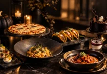 Halloween dinner spread with mummy pizza, tacos and curries at Café 77 East, Taj Bangalore