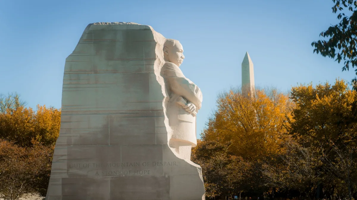 Martin Luther King, Jr. Memorial framed by autumn trees, Washington, DC
